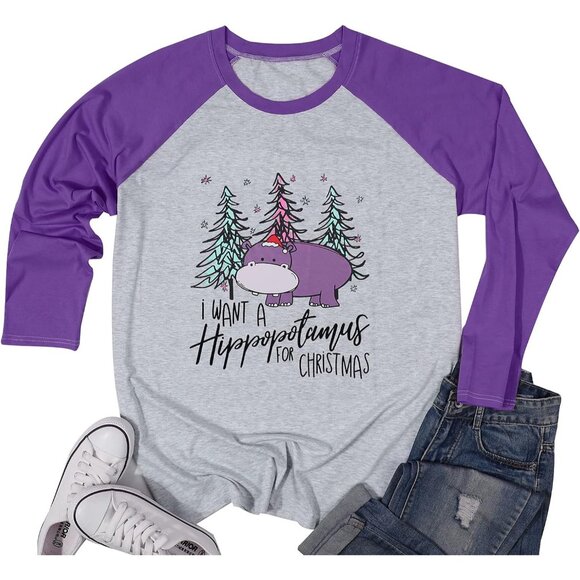 Women’s Christmas Hippopotamus T-Shirt Plus Size Long Sleeve Cute Holiday Wear - Picture 2 of 5